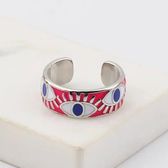 Boho Evil Eye Enamel Adjustable Ring #1306 BLACK - Picture 12 of 13